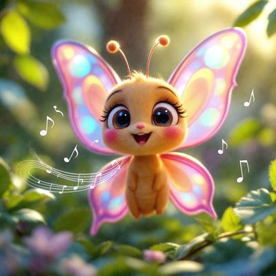 The primary subject of the image is a small, colorful butterfly with a big smile on its face. The butterfly is flying in a lush green forest, surrounded by trees and plants. The visual style of the image is a combination of photo and digital art, creating a vibrant and whimsical scene. The colors and mood of the image are bright, cheerful, and full of life, reflecting the joyful nature of the butterfly.